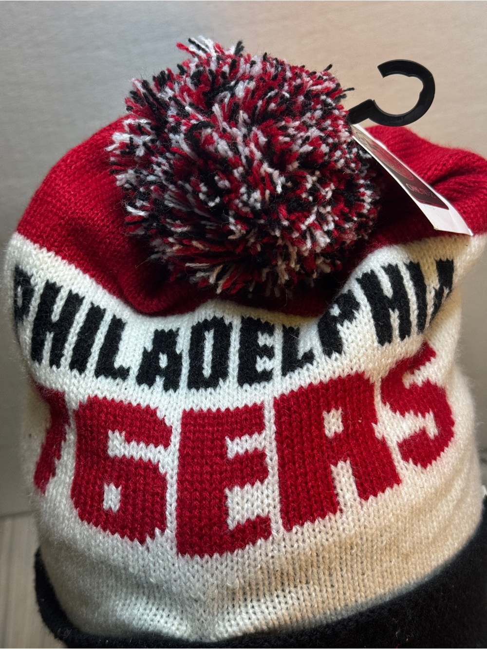 New Philadelphia 76ers Retro Logo ‘47 Brand Beanie w/pom Knit Red Black Hat - Picture 5 of 10